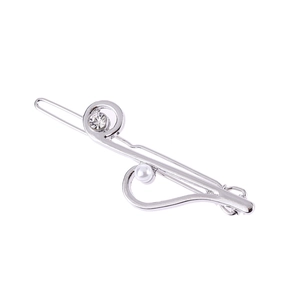 Polished musical note hair clip with elegant pearl and crystal rhinestone in silver finish
