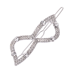 Sparkling silver infinity hairpin with full rhinestones and pearls on white background