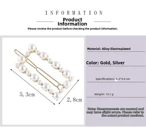 Detail view of rectangular pearl hair clip with alloy base and precise dimensions