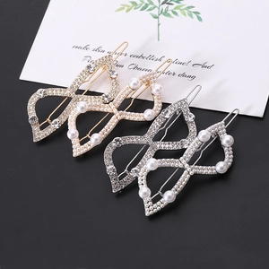 Hollow geometric bow hair clips with pearls and rhinestones in gold and silver set