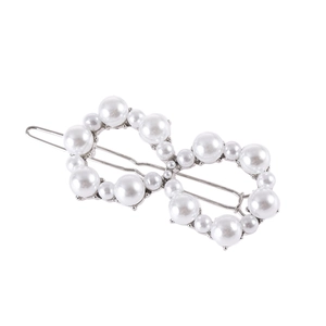 Hollow infinity-shaped silver hair clip with white faux pearls and rhinestones