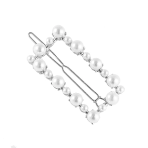 Elegant silver alloy rectangular hair clip with white faux pearls and rhinestones