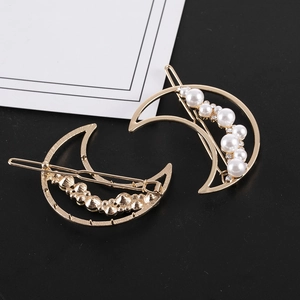 Barrettes à cheveux lune dorées ornées de perles blanches et strass pour femmes