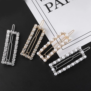 Set of four geometric rectangular hair clips with pearls and rhinestones in gold and silver