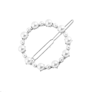 Pince à cheveux circulaire élégante avec base en alliage argenté et perles blanches variées