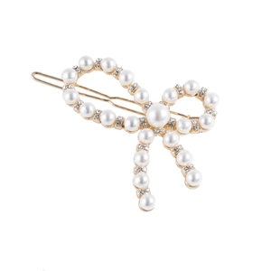 Barrette à cheveux élégante en forme de nœud doré avec perles blanches et strass