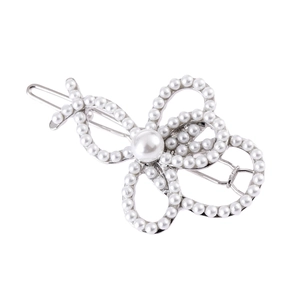 Barrette à cheveux fleur argentée élégante avec grande perle et petits contours