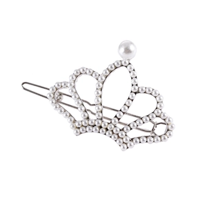 Elegant silver crown hair clip with white pearls and rhinestones on a white background