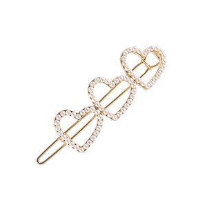 Pince à Cheveux Triple Cœur en Alliage Strass et Fausse Künstliche Perle Or Argent Élégant Style Doux Barrette pour Femme