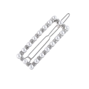 Elegant rectangle hair clip with white pearls and sparkling rhinestones on silver metal