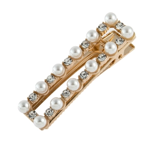 Gouden rechthoekige haarclip met elegante parels en sprankelende strass-steentjes voor dames