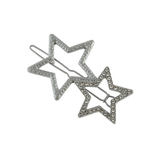 Barrette à cheveux double étoile argentée avec métal texturé et strass brillants pour femme
