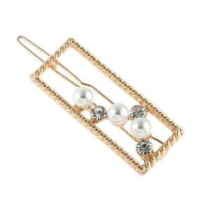 Elegant gold twisted rectangle hair clip with white pearls and sparkling rhinestones