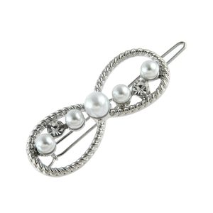 Barrette élégante en alliage argenté en forme d'infini avec perles blanches et strass