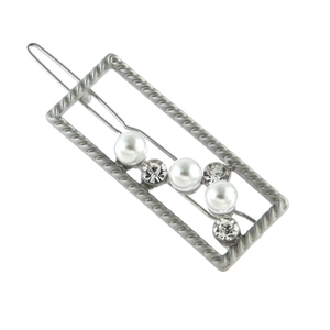 Minimalist silver rectangular hair clip featuring elegant pearls and sparkling rhinestones