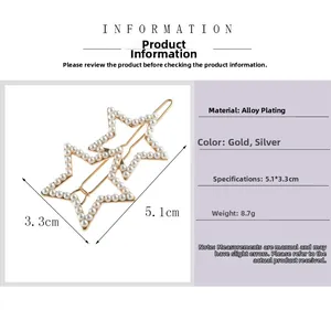 Dettagli del fermaglio a stella con perle e dimensioni di 5.1x3.3cm in metallo
