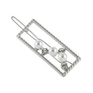 Minimalist silver braided rectangular hair clip with white pearls and sparkling rhinestones