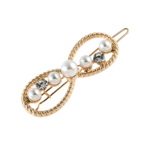 Barrette dorée élégante en forme d'infini avec perles blanches et strass brillants
