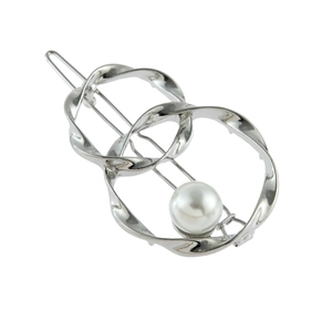 Minimalist silver-toned alloy hair clip with twisted rings and white pearl accent