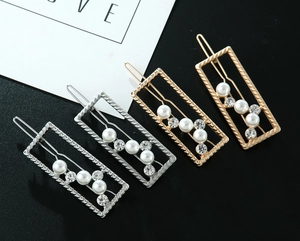 Minimalist rectangular hair clip set with pearls and rhinestones in gold and silver finish