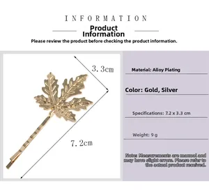 Spécifications de taille pour la pince à cheveux feuille d'érable de 7,2x3,3 cm