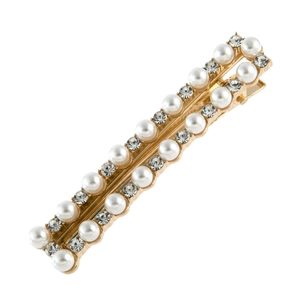Barrette rectangulaire élégante avec perles blanches et strass sur base dorée