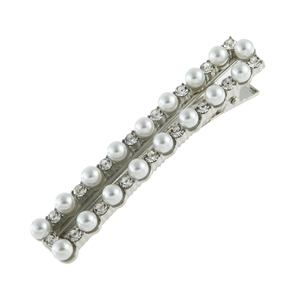 Barrette en alliage argenté ornée de perles blanches et de strass brillants