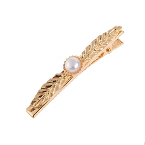 Vintage Alloy Feather Leaf Hair Clip With Faux Artificial Pearl Elegant Duckbill Clip Gold Silver Gun Black Hairpin Women Fashion