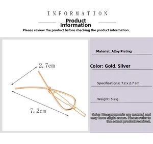Polished metal bow hair clip with product dimensions 7.2cm by 2.7cm and weight info