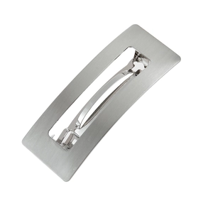 Minimalist silver rectangular hollow hair clip with brushed metal finish and polished texture