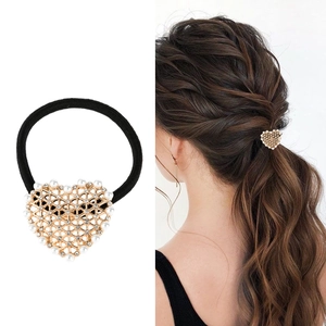 Corde à Cheveux Cœur Ajouré Style Coréen Alliage Strass Imitation Künstliche Perle Bandeau Élastique Élégant Or Argent Pour Femmes