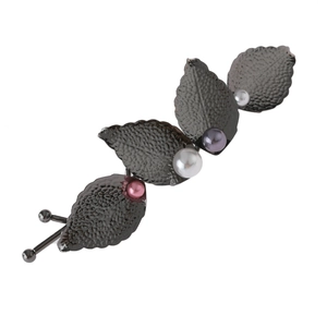 Vintage golden leaf hair clip with elegant colorful pearls in gunmetal finish