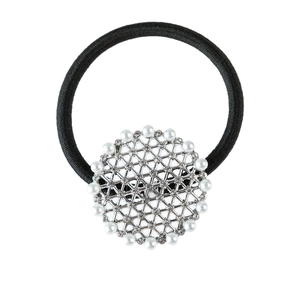 Élastique à cheveux noir avec fleur en résille argentée et perles blanches de style