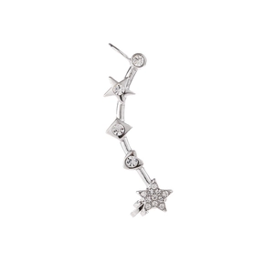 Minimalist silver star and heart ear crawler earring with sparkling cubic zirconia crystals