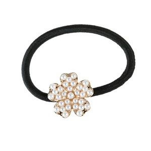 Élastique à cheveux noir avec fleur dorée et perles blanches pour coiffures chic