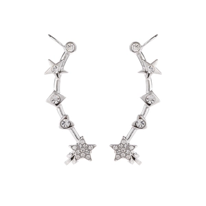 Minimalist silver star ear climbers featuring sparkling cubic zirconia stones in a curved shape