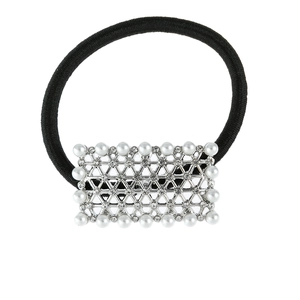 Fashionable elastic hair tie with silver geometric pearl and rhinestone square charm