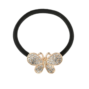 Élastique à cheveux noir tendance orné d'un papillon doré serti de strass et de perles