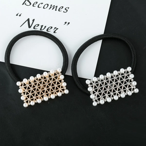 Elegant pearl hair tie with square geometric metal mesh and crystals on black elastic band