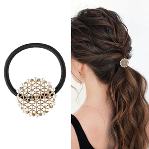 Chouchou en Alliage Vintage Maille Ajourée avec Künstliche Perles d'Imitation et Strass Corde à Cheveux Élastique Or Argent Bijoux Femme