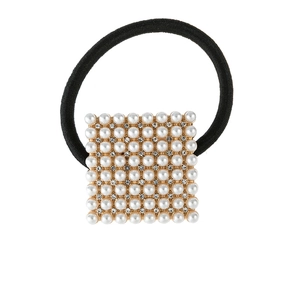 Square faux pearl and rhinestone hair tie with elastic black band for elegant styling