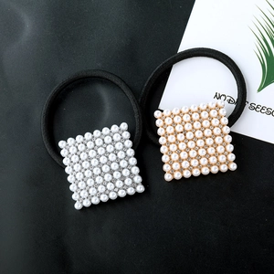 Square pearl hair ties with rhinestones in gold and silver finish 2-piece set