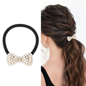 Elegant Bowknot Rhinestone Artificial Pearl Hair Ties Alloy Butterfly Elastic Hair Bands For Women Daily Party Wedding Accessories