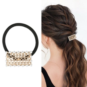 Elegant Hollow Geometric Rectangle Artificial Pearl Rhinestone Hair Ties High Elasticity Alloy Hair Bands For Women Daily Accessories
