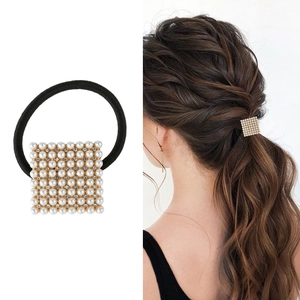 Square Faux Artificial Pearl Rhinestone Scrunchies Elegant Alloy Hair Ties Elastic Hair Bands For Women Girls Wedding Party Jewelry