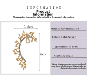Detail of leaf-shaped ear cuff with sparkling zircons and exact product dimensions