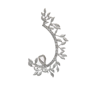 Detailed view of silver hollow leaf ear cuff featuring sparkling white crystal inlay