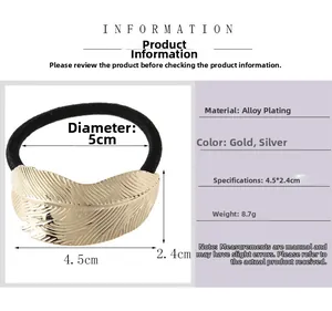 Detailed dimensions of the metallic golden feather hair tie with size specifications