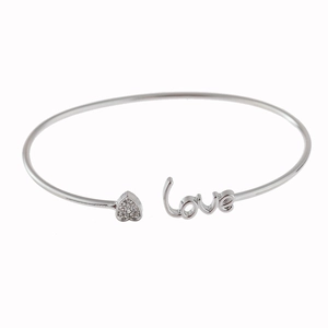 Silver open bangle bracelet with sparkling crystal heart and Love script lettering