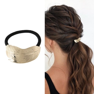 Minimalist Alloy Curved Leaf Feather Hair Tie For Women Gold Silver Texture Metal Ponytail Holder Elastic Hair Band Accessory